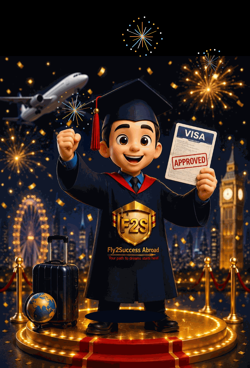 Student jumping in joy with visa approval, fireworks, and moving flight